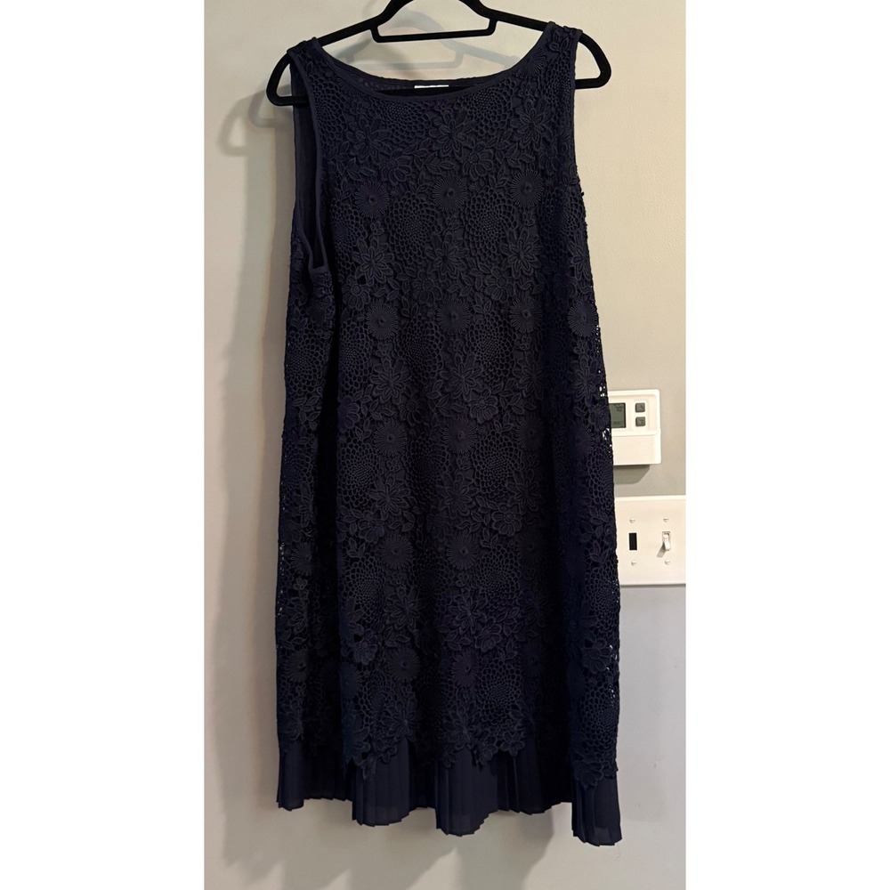 J. Jill Dress Womens L Navy Blue Lace Overlay Pleated Hem Sleeveless Shift 4900